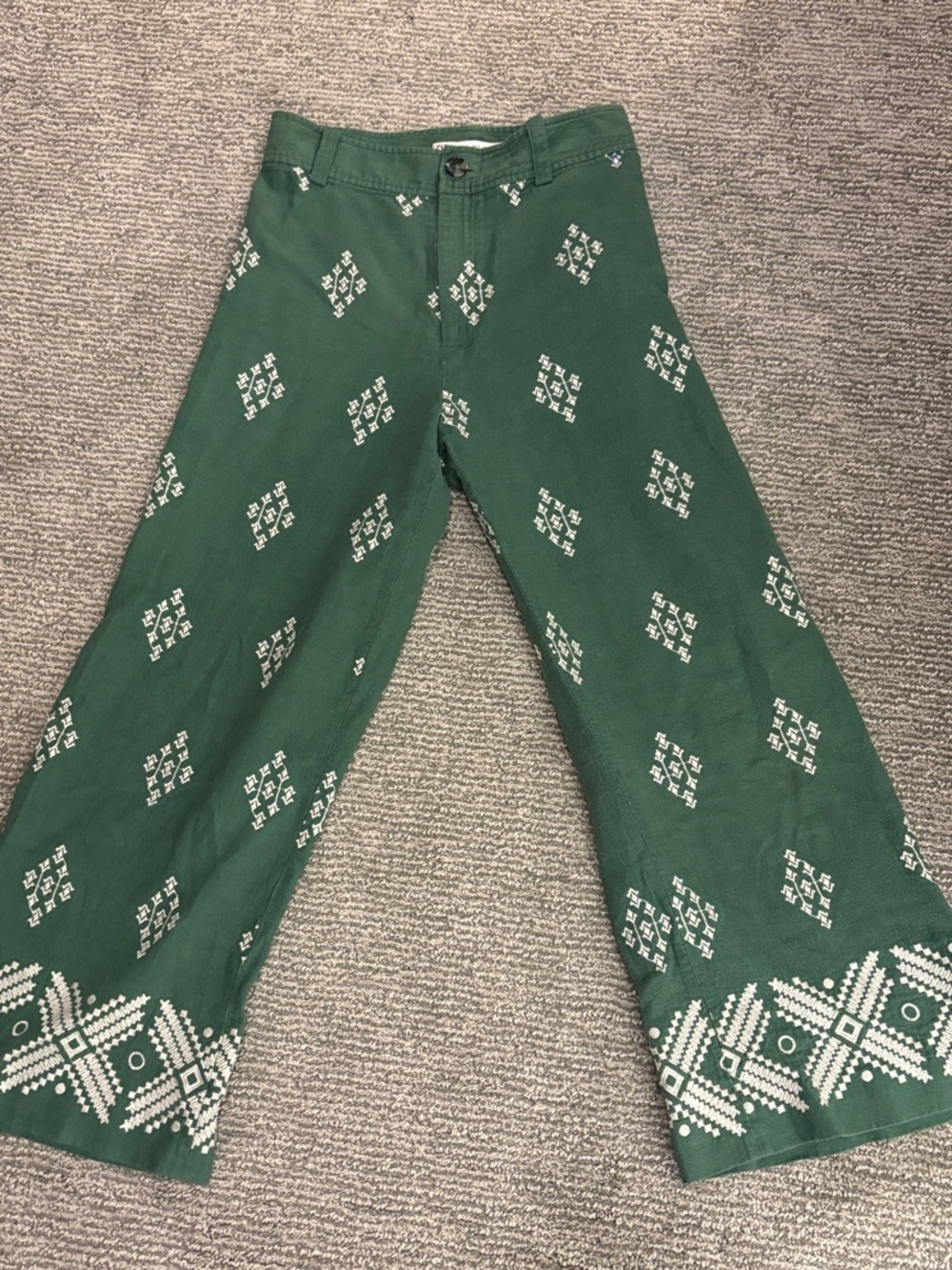 Zara Forest Green Wide-Leg Embroidered Pants